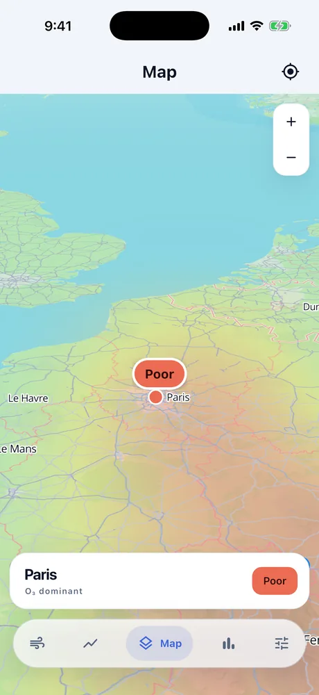 Map with a pollution layer over the terrain, and named cities around Paris.