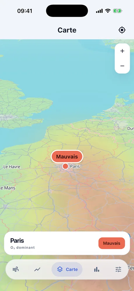 Carte avec une nappe de pollution posée sur le relief, et les villes nommées autour de Paris.